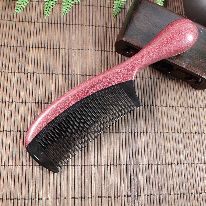 櫛 コーム 紫心木 天然木 天然牛角  手付き櫛 細歯 静電気防止 マッサージコーム 