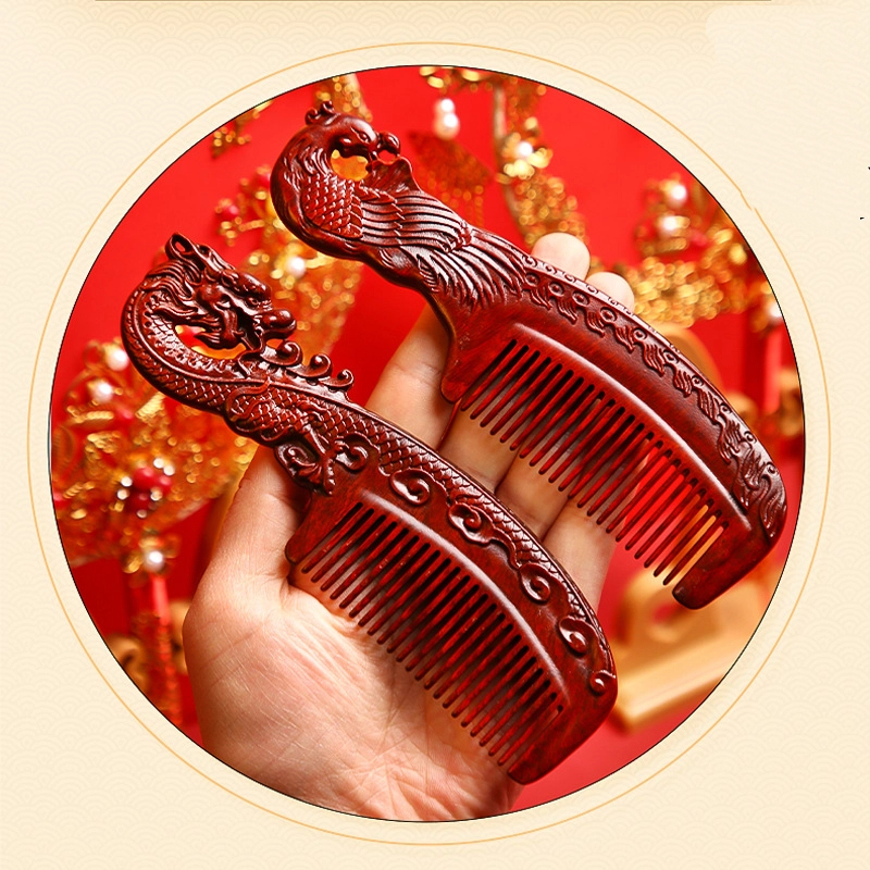 櫛 コーム 檀木 木櫛 （2本櫛+手鏡 ギフトセット）龍 鳳凰 彫刻 くし