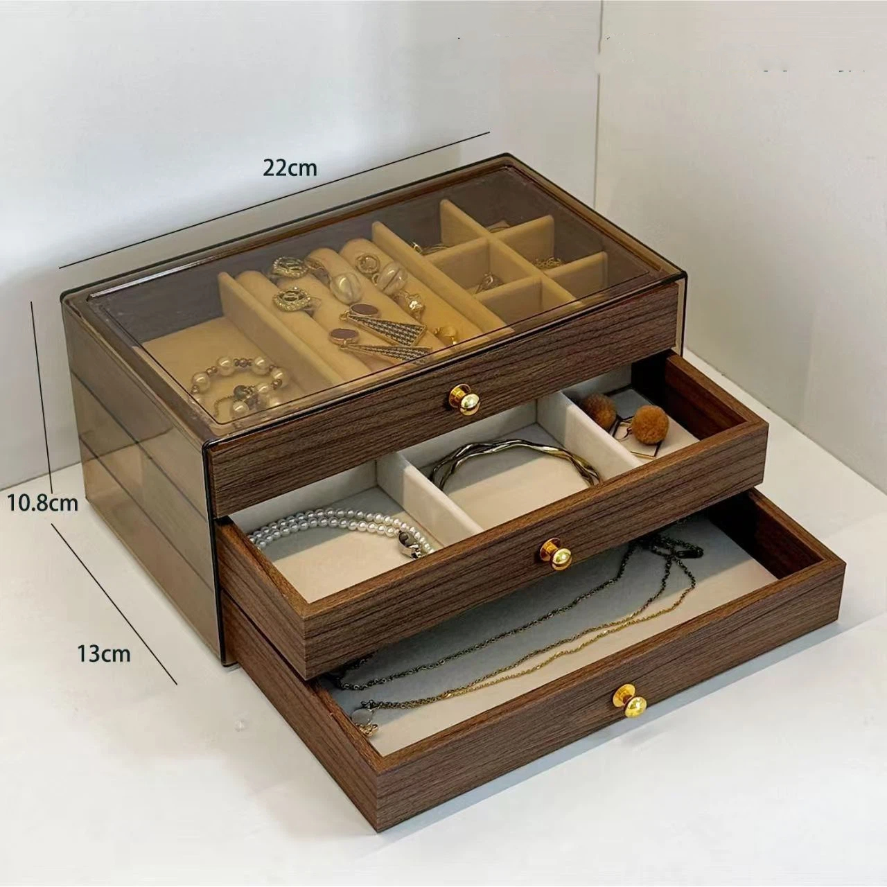 ジュエリーボックス アクセサリーケース 木製 3段 大容量 ウールナット 透明 窓付き おしゃれ 宝石箱 リング ピアス/ネックレス/ブレスレット/指輪 収納