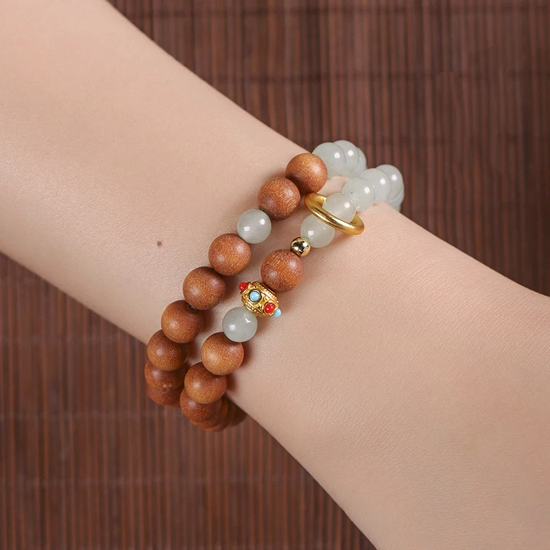 数珠ブレスレット 天然木 天然石 2連数珠 女性用 男性用 ブレスレット 緑檀 白檀 金絲檀 サンダルウッド 水晶 