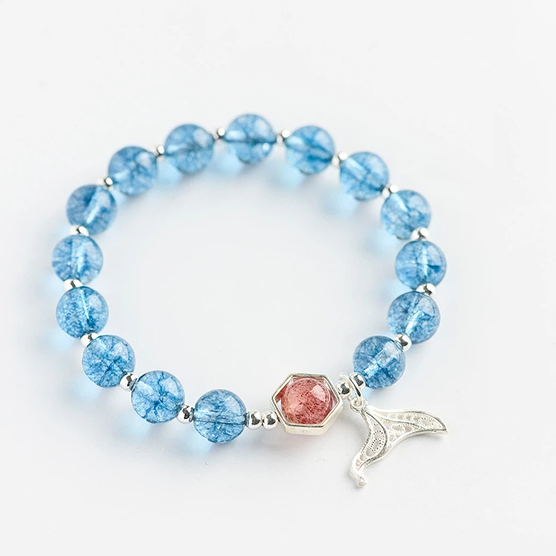 水晶 ブレスレット 天然石 2種類のカラー選べる ブルークリスタル ストロベリークォーツ フィッシュテールブレスレット  