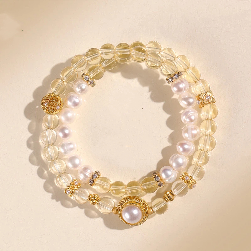 天然石 パワーストーン ブレスレット レディース シトリン 水晶  淡水パール  2連 ブレスレット プレゼント