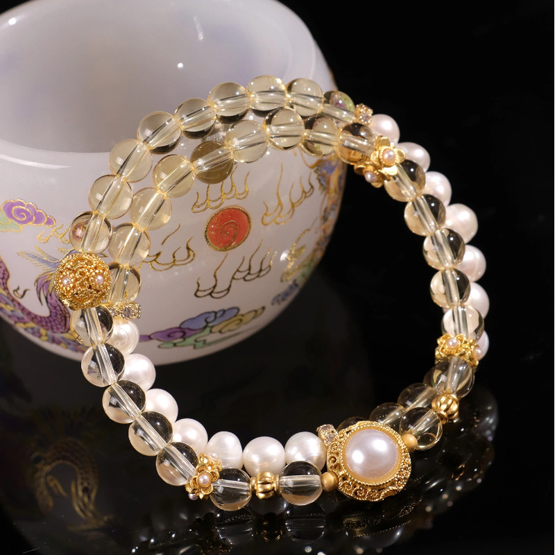 天然石 パワーストーン ブレスレット レディース シトリン 水晶  淡水パール  2連 ブレスレット プレゼント