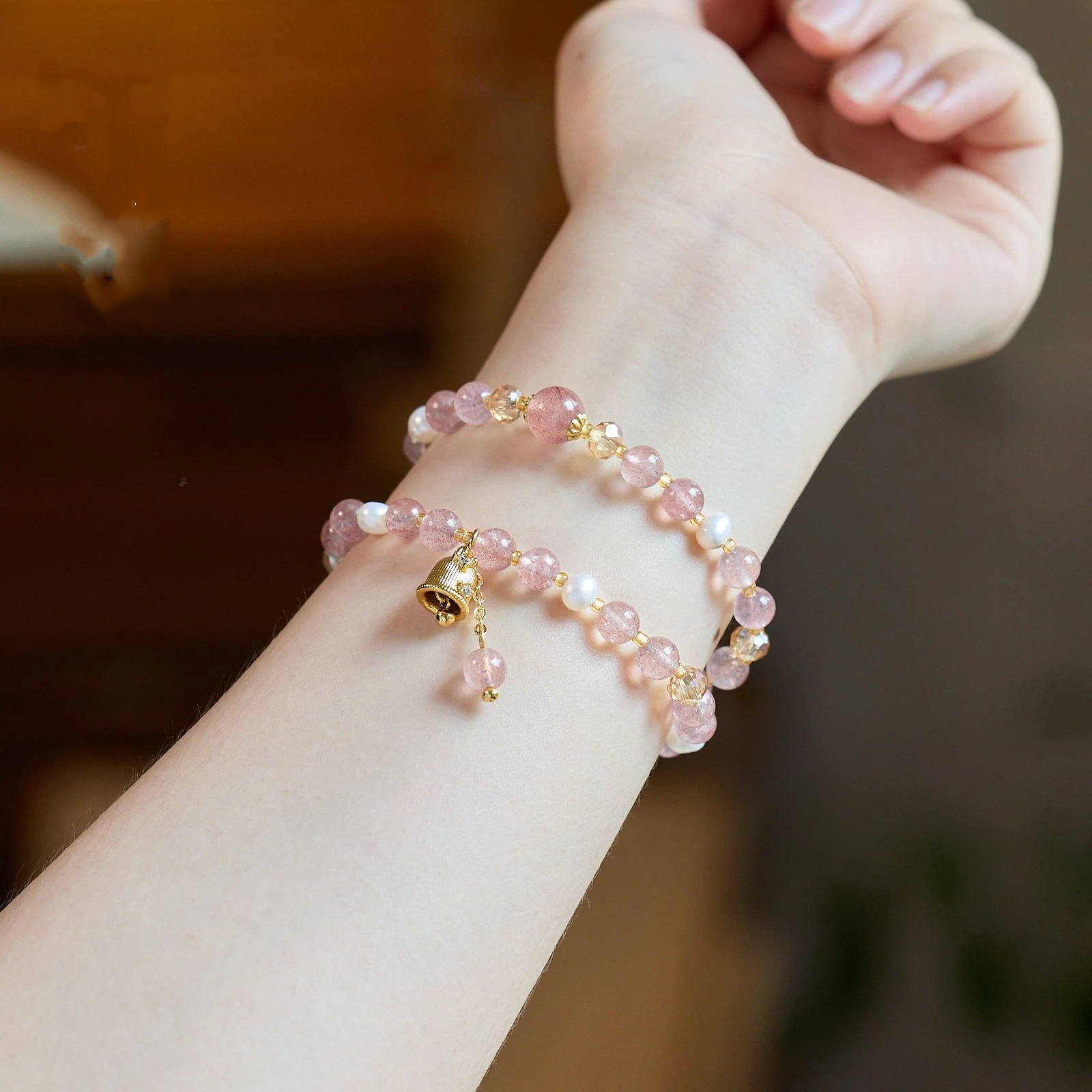 ストロベリークォーツ ブレスレット 6MM パワーストーン 天然石 真珠 2連 苺水晶 アクセサリー   