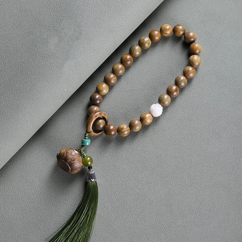 数珠 24玉 緑檀（生命樹） 天然木 白玉菩提の蓮華 蓮の香盒 男性用 女性用 略式数珠