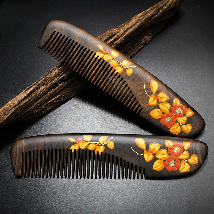  ローズウッド 木櫛 花 塗り櫛 天然木 ヘアコーム 静電気防止 頭皮マッサージ