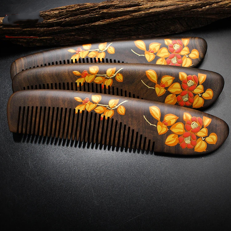  ローズウッド 木櫛 花 塗り櫛 天然木 ヘアコーム 静電気防止 頭皮マッサージ