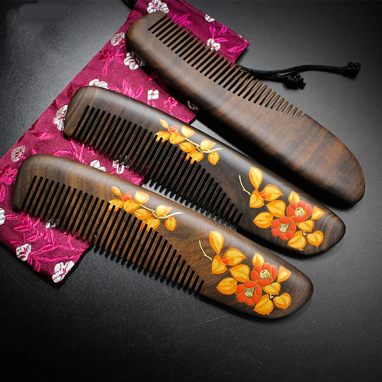  ローズウッド 木櫛 花 塗り櫛 天然木 ヘアコーム 静電気防止 頭皮マッサージ