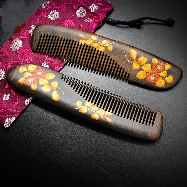  ローズウッド 木櫛 花 塗り櫛 天然木 ヘアコーム 静電気防止 頭皮マッサージ