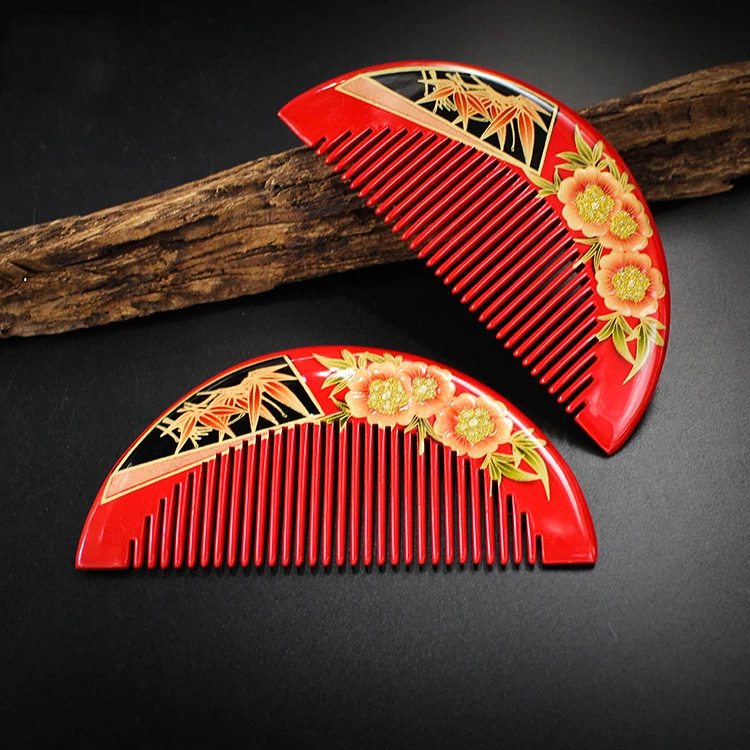 本つげ  前櫛かんざし  蒔絵塗り 花 竹 つげ櫛 コーム 和装 和服 髪飾り 成人式 振袖