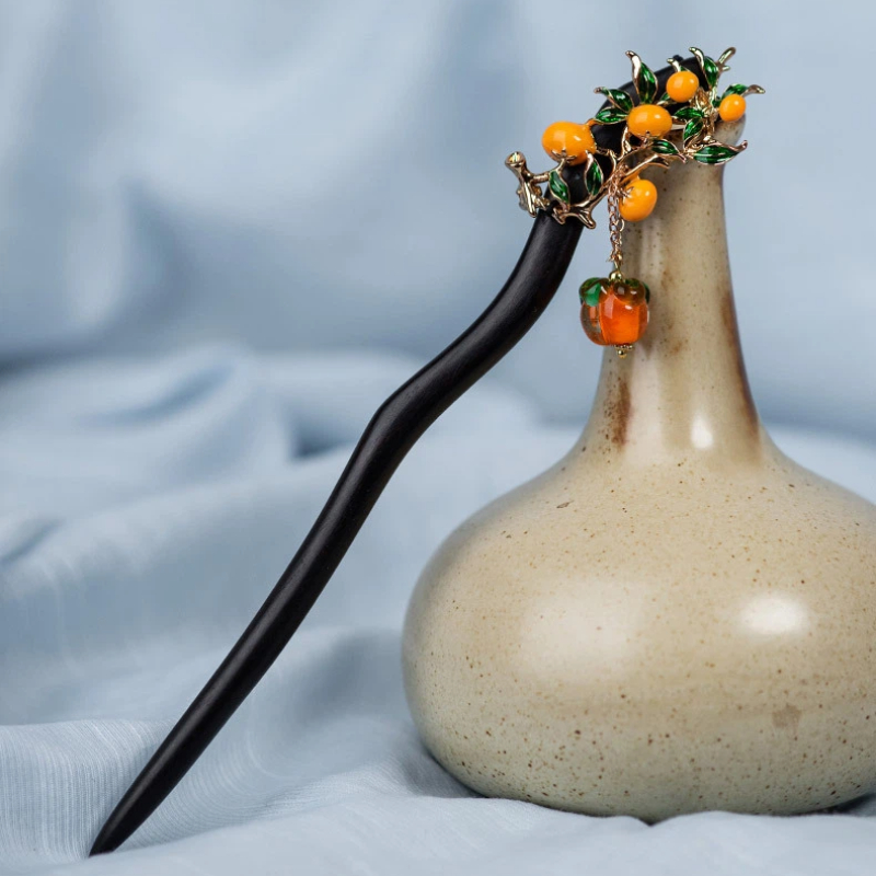 黒檀木 かんざし 簪 天然木 琉璃の柿 一本 レディース 髪飾り 普段使い 和風