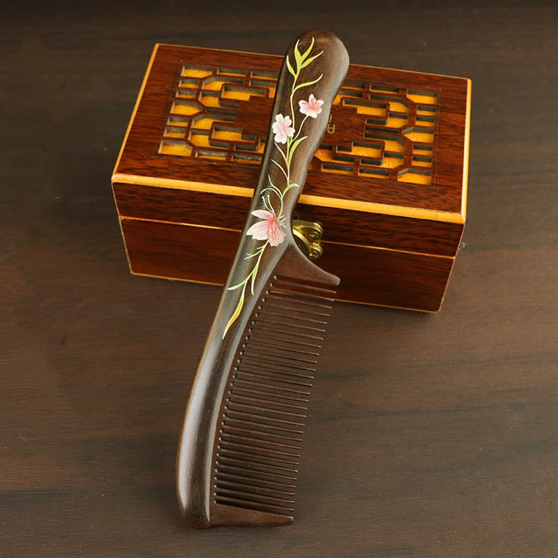 黑檀木櫛 桃の花 漆塗り櫛  彩絵  コーム  ヘアブラシ 男女兼用 沈貴宝 花柄 和風 頭皮マッサージ 静電気防止