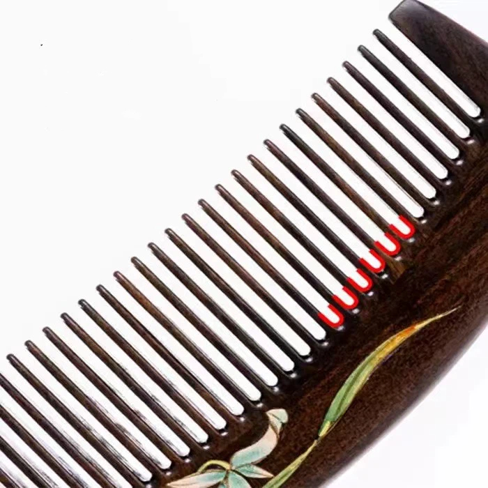 黑檀木櫛 桃の花 漆塗り櫛  彩絵  コーム  ヘアブラシ 男女兼用 沈貴宝 花柄 和風 頭皮マッサージ 静電気防止