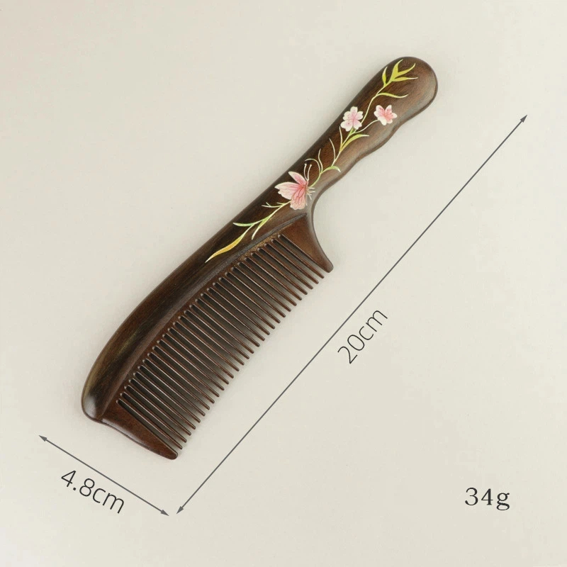 黑檀木櫛 桃の花 漆塗り櫛  彩絵  コーム  ヘアブラシ 男女兼用 沈貴宝 花柄 和風 頭皮マッサージ 静電気防止