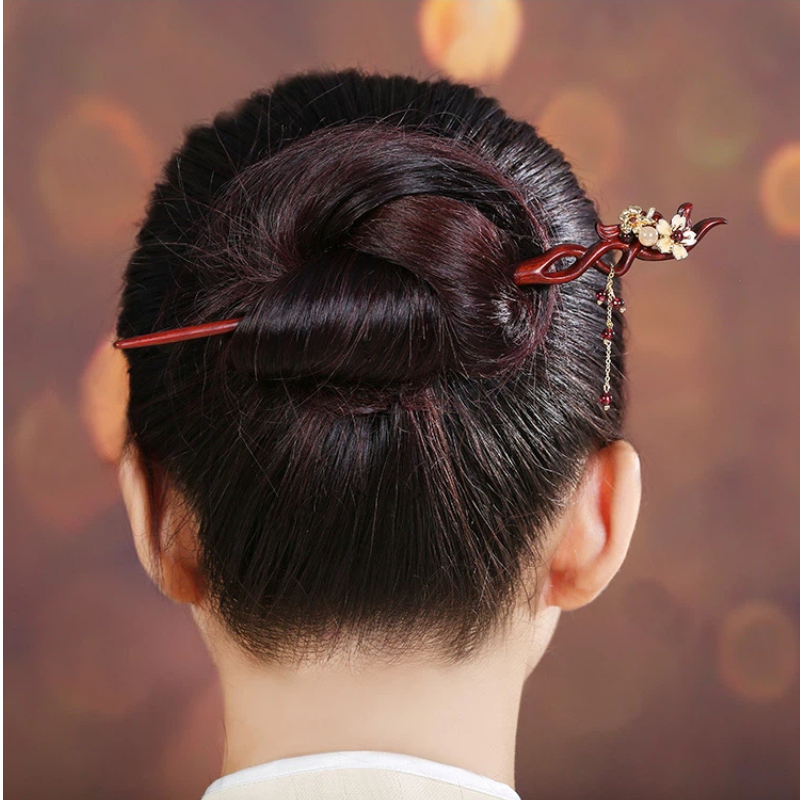 赤檀木 かんざし 一本差し 天然木 簪  花飾り  髪飾り 普段使い 結婚式 着物 浴衣  