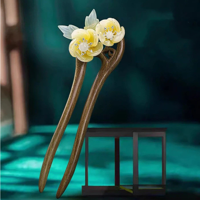 緑檀木 U字型 かんざし 花簪 天然木 琉璃の花飾り 髪飾り 普段使い 卒業式 入学式 成人式 結婚式