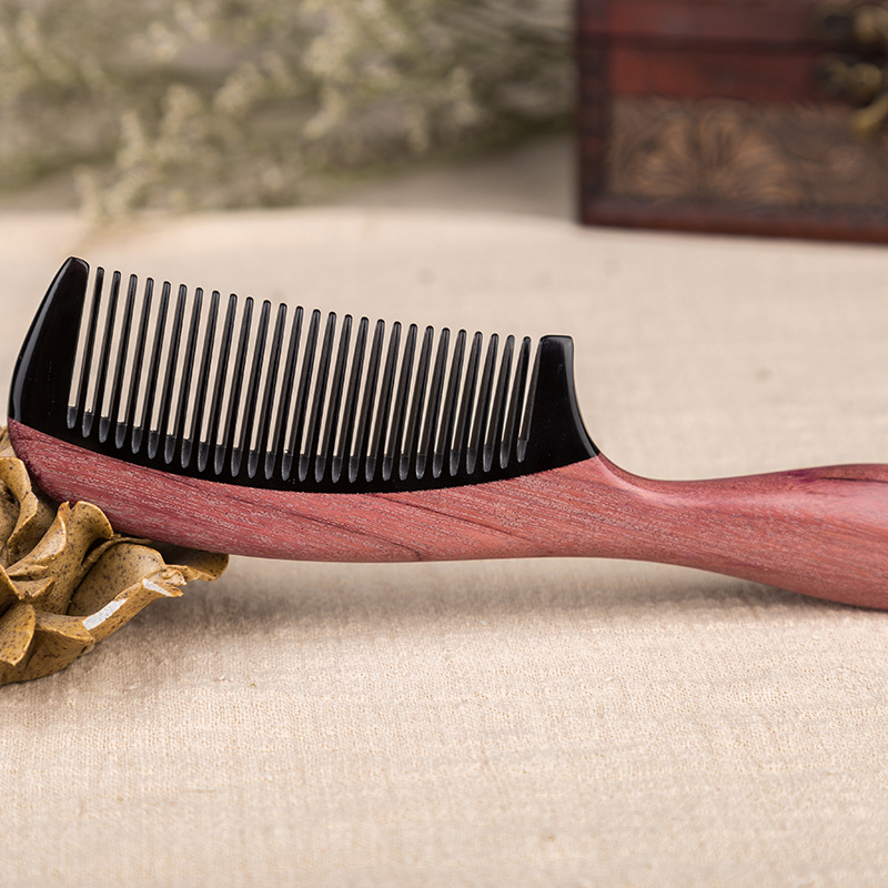 櫛 コーム 紫心木 天然木 天然牛角  手付き櫛 細歯 静電気防止 マッサージコーム 
