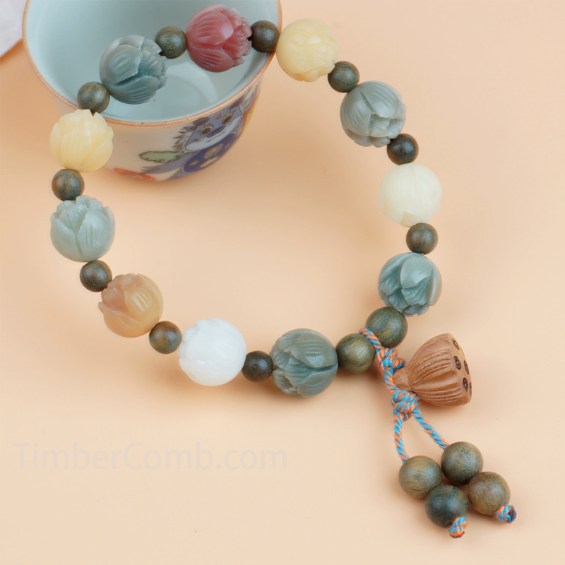 菩提根蓮デザイン仏教数珠 緑檀（リュクタン）ブレスレット 女性用高級念珠 霊隠寺財神様同款-木彫り高級人気専門店