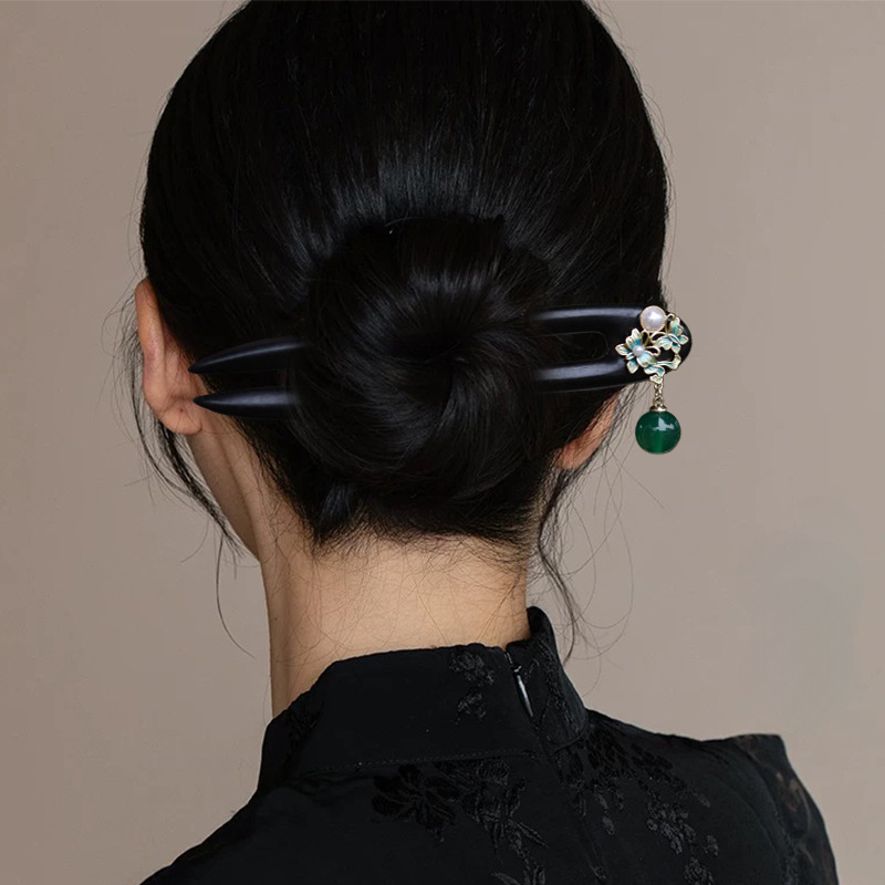 黒檀 U字かんざし 天然木 簪 15cm 蝶々パール ヘアピン 和装 髪飾り 普段使い 浴衣 成人式 卒業式 結婚式