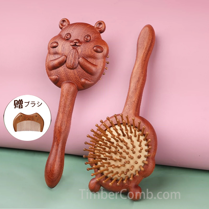 檀木製バドル ブラシ、頭皮マッサージ機能付き、かわいいデザインの子ども向け女の子用-木彫り高級人気専門店