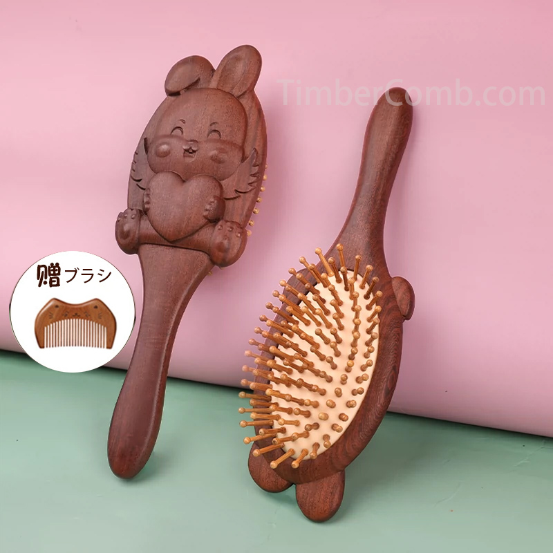 檀木製バドル ブラシ、頭皮マッサージ機能付き、かわいいデザインの子ども向け女の子用-木彫り高級人気専門店