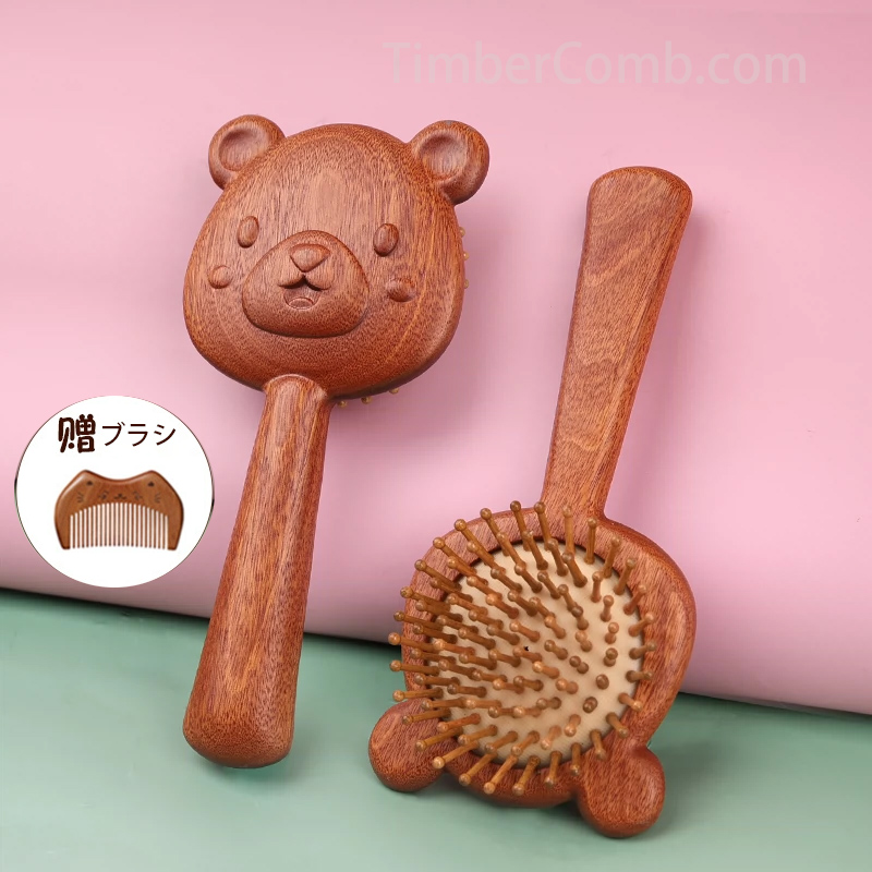 檀木製バドル ブラシ、頭皮マッサージ機能付き、かわいいデザインの子ども向け女の子用-木彫り高級人気専門店