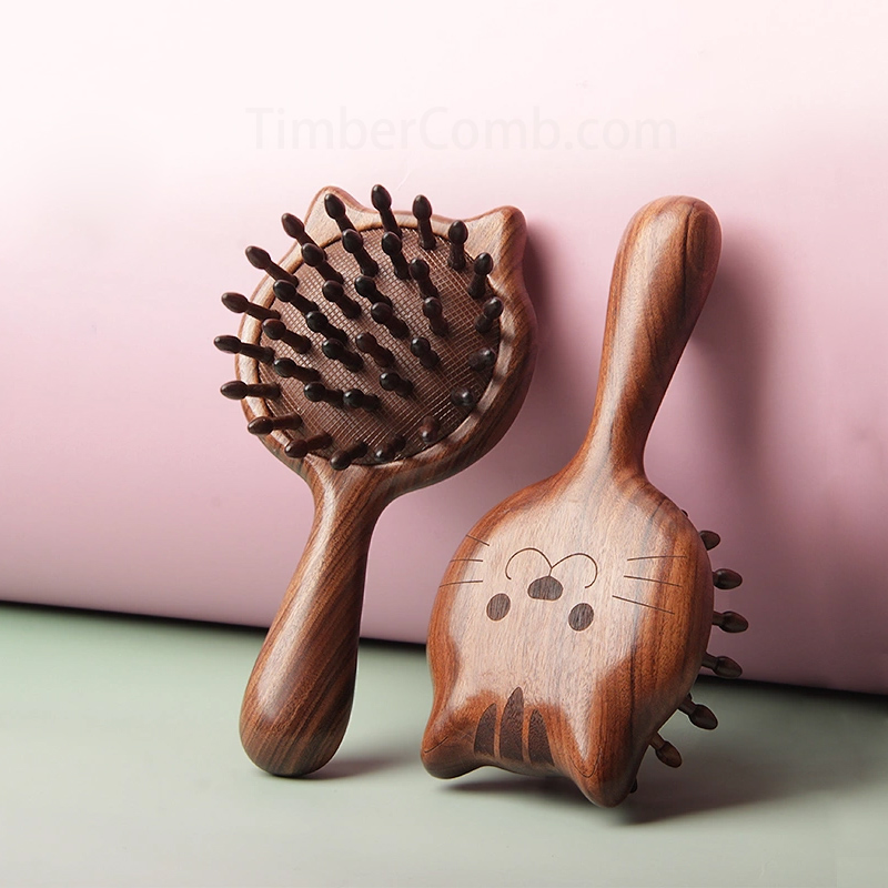 檀木製バドル ブラシ、頭皮マッサージ機能付き、かわいいデザインの子ども向け女の子用-木彫り高級人気専門店