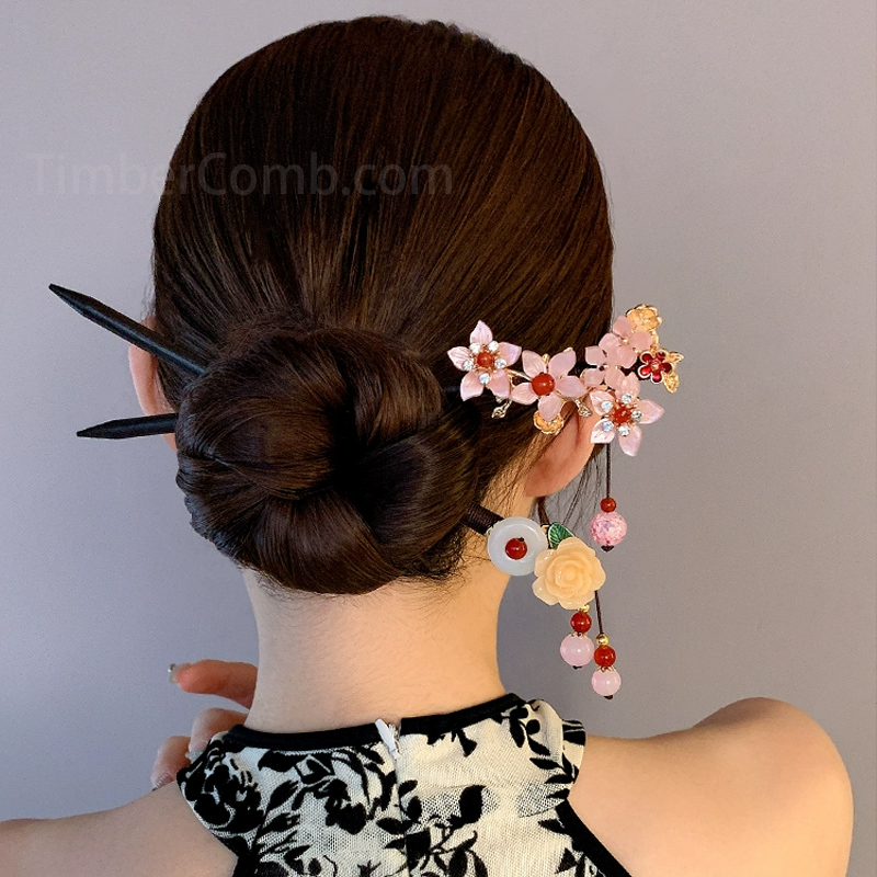 新しい日本式檀木材質の結髪用簪、高級感ある漢服步揺、流蘇付きのかんざしなどの髪飾り-木彫り高級人気専門店