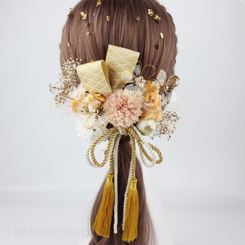卒業式髪飾り手作り 成人式 和装 結婚式 卒業式 造花飾り 金色 赤色 ドライフラワー風 水晶花の髪飾り ウェディング 花 ヘッドドレス