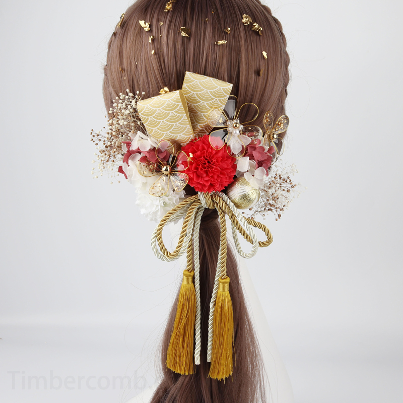 卒業式髪飾り手作り 成人式 和装 結婚式 卒業式 造花飾り 金色 赤色 ドライフラワー風 水晶花の髪飾り ウェディング 花 ヘッドドレス