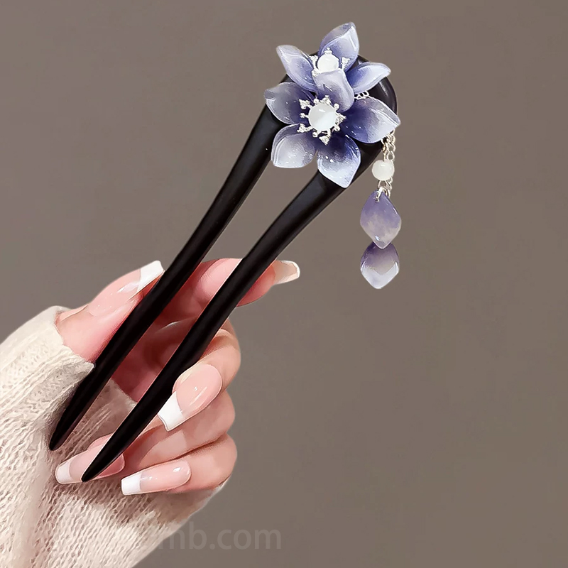 黒檀の簪 天然木 紫の花 揺れるかんざし ステップシェイク簪 着物 浴衣 和装小物 成人式 結婚式 おすすめ