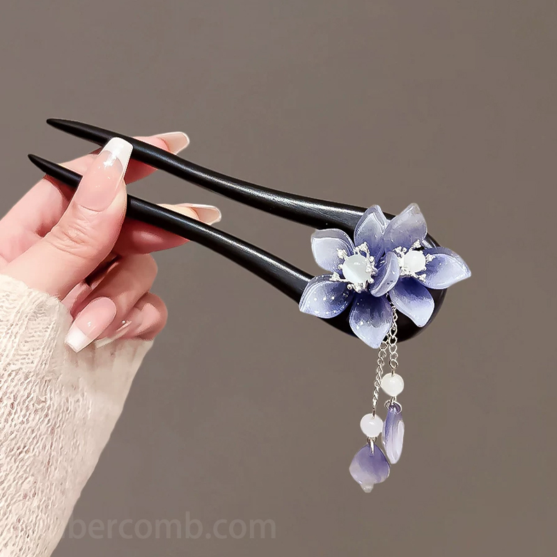 黒檀の簪 天然木 紫の花 揺れるかんざし ステップシェイク簪 着物 浴衣 和装小物 成人式 結婚式 おすすめ