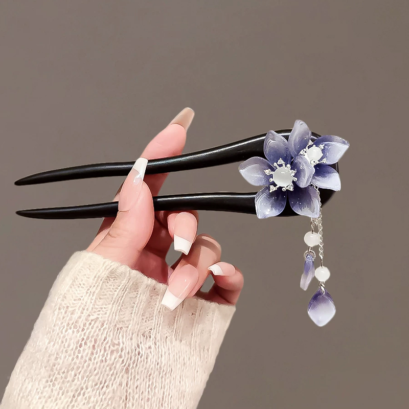 黒檀の簪 天然木 紫の花 揺れるかんざし ステップシェイク簪 着物 浴衣 和装小物 成人式 結婚式 おすすめ
