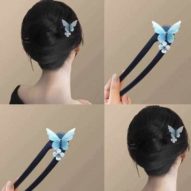 黒檀製のU字型簪（かんざし）・青い蝶デザイン 馬面スカート用簪 まとめ髪用 伝統的な和装 洋装 髪飾り