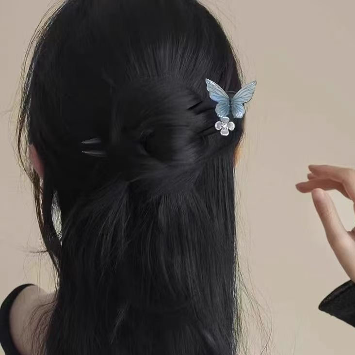 黒檀製のU字型簪（かんざし）・青い蝶デザイン 馬面スカート用簪 まとめ髪用 伝統的な和装 洋装 髪飾り