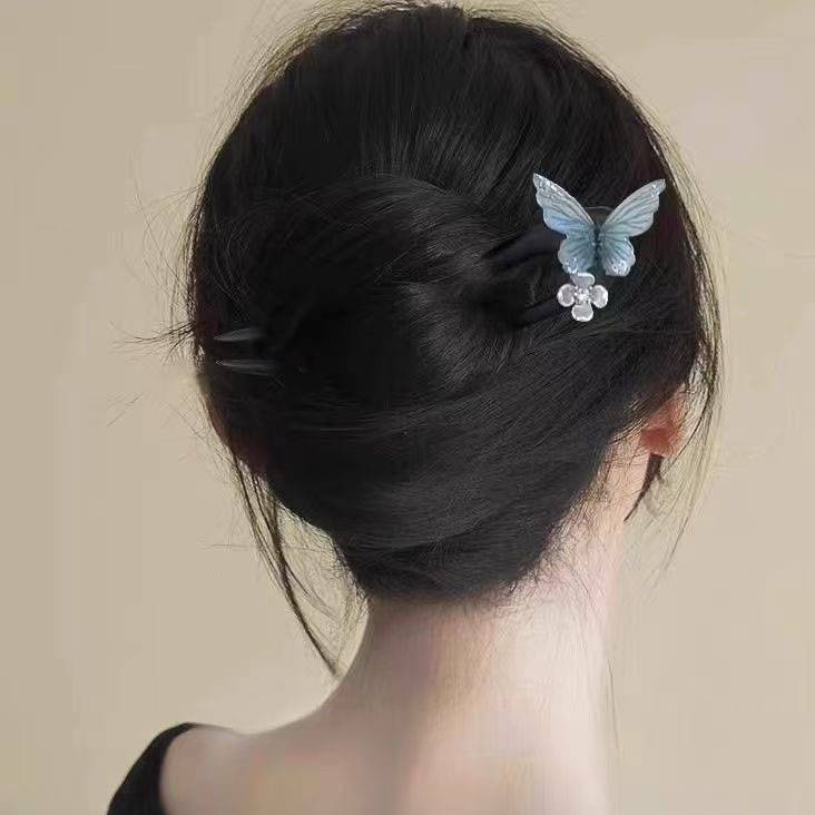 黒檀製のU字型簪（かんざし）・青い蝶デザイン 馬面スカート用簪 まとめ髪用 伝統的な和装 洋装 髪飾り