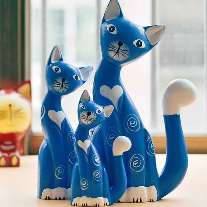 木彫りネコの置物 贈り物 デスクトップ 部屋飾り物 木製オブジェ トリ 置物 天然木 ハンドメイド