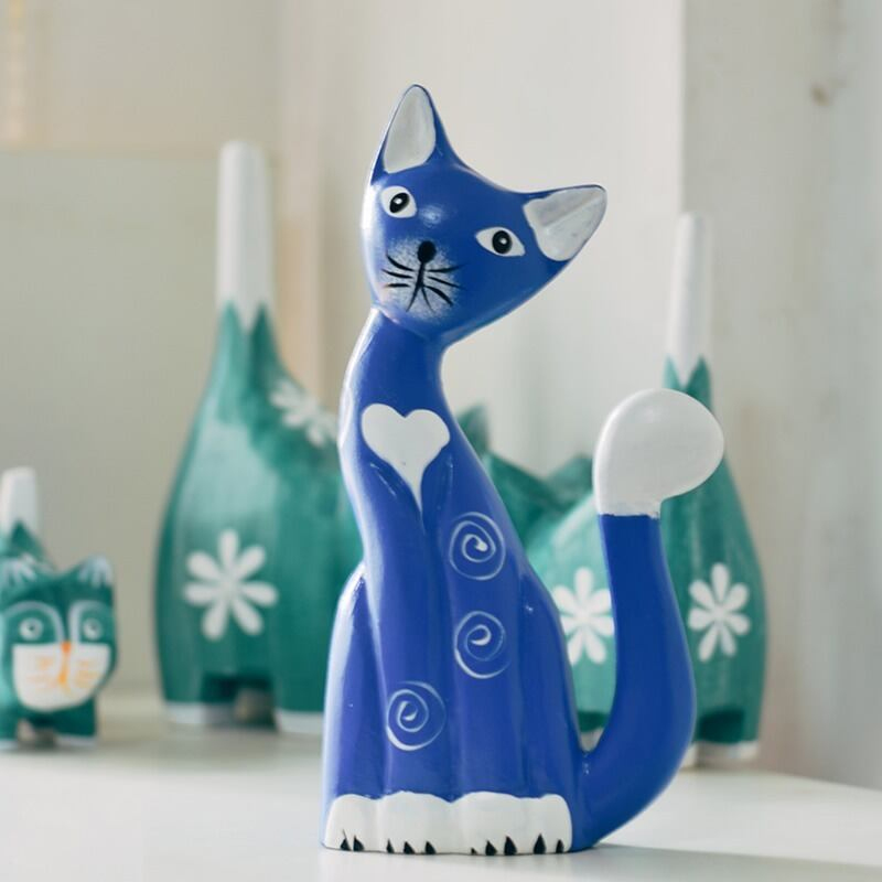 木彫りネコの置物 贈り物 デスクトップ 部屋飾り物 木製オブジェ トリ 置物 天然木 ハンドメイド