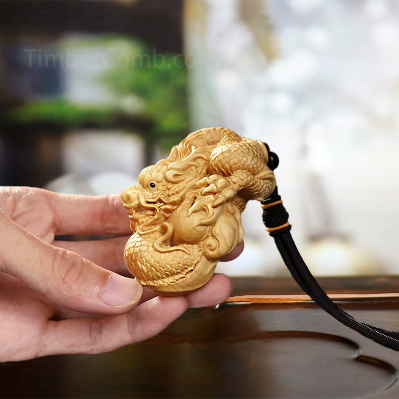 つげの木彫り十二支龍文房用手掛け小物 男性が常に携帯して愛でる木製家庭用工芸品 神龍玉戯れフック-木彫り高級人気専門店
