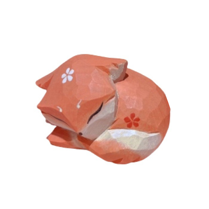 木彫りキツネ置物・撮影用プロップ 木製卓上デコレーション ブラインド