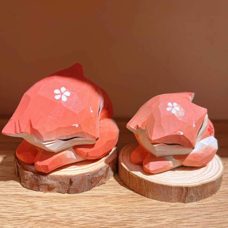 木彫りキツネ置物・撮影用プロップ 木製卓上デコレーション ブラインドボックスフィギュア-木彫り高級人気専門店