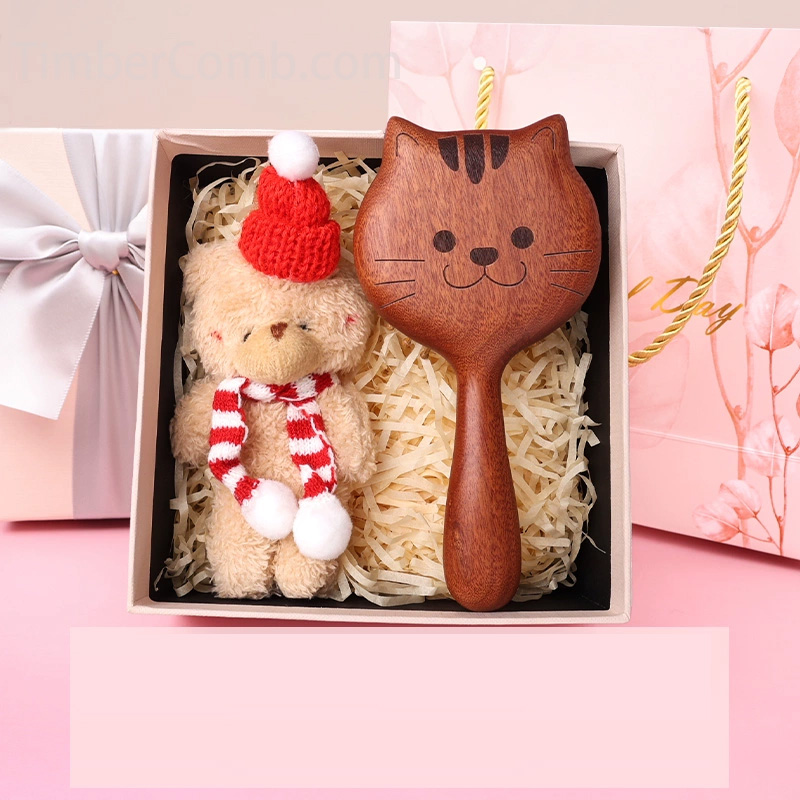 金絲檀木製キャット エアクッション櫛〈女性用/子供用〉頭皮マッサージ機能付き・血行促進設計-木彫り高級人気専門店