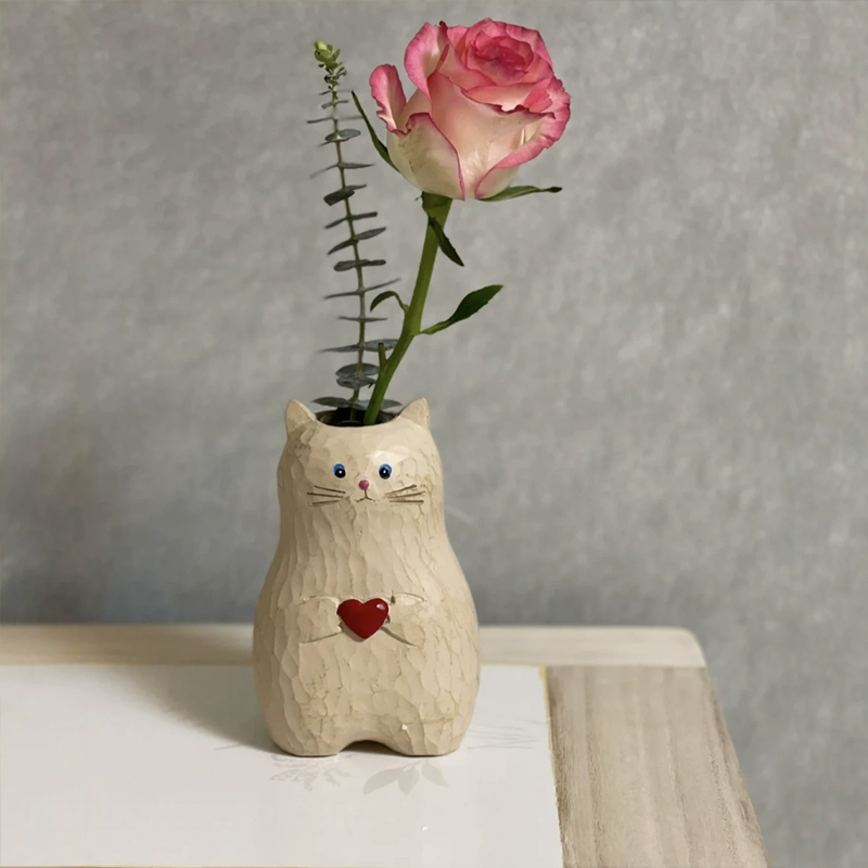  猫型花瓶オブジェ - 癒しの和風ハンドメイドのデスク用フラワーホルダー クリエイティブなギフト置物