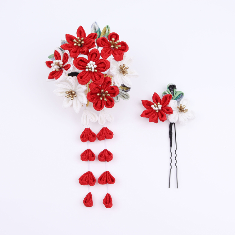 成人式髪飾り 結婚式 和装 つまみ細工 赤 白 梅 菊 2点セット 振袖用 ウェディング 花 着物 ヘアアクセサリー ヘッドドレス
