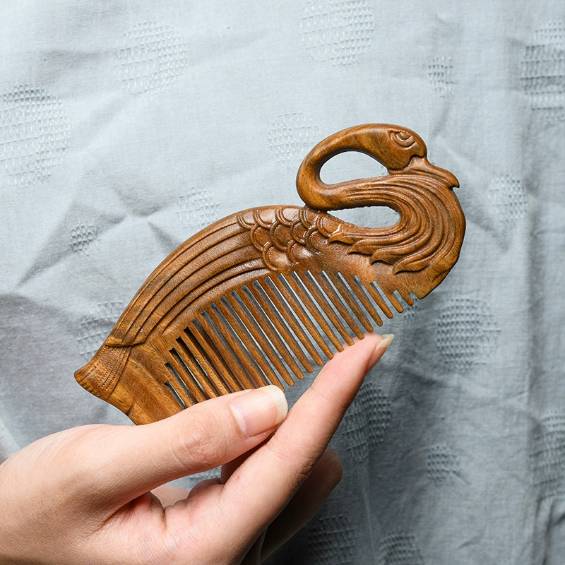 天然緑檀木 木製櫛 両面彫刻 白鳥 お守り 静電気防止 美髪 頭皮マッサージ 男女 プレゼント お祝い