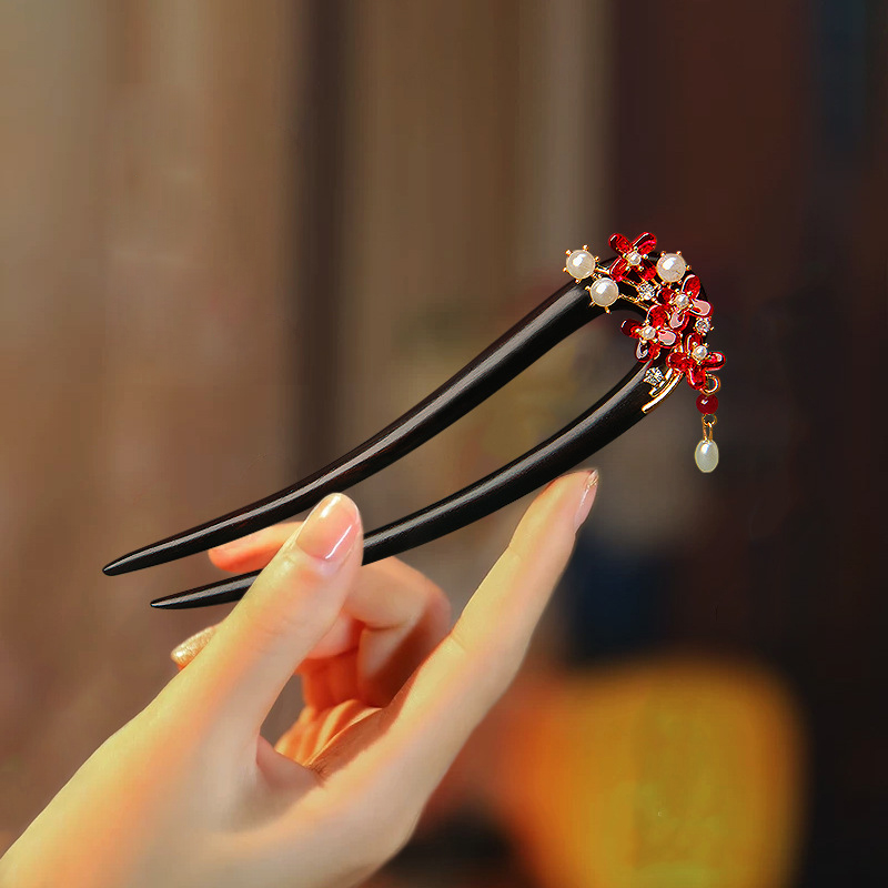 黒檀のu字型かんざし高級感のある古風で新和風の髪飾り 和服に合う木製簪