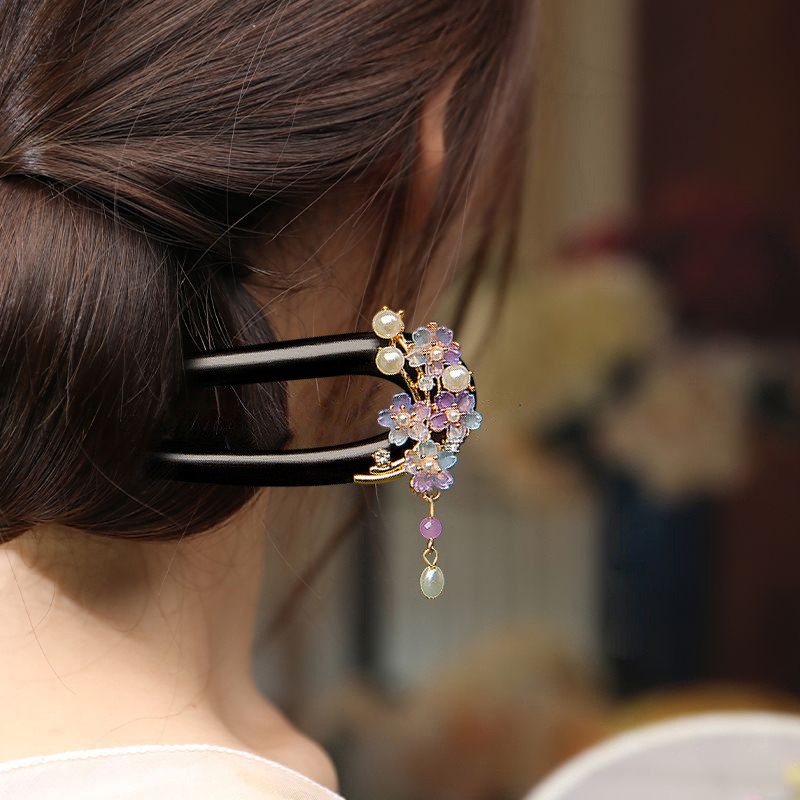 黒檀のu字型かんざし高級感のある古風で新和風の髪飾り 和服に合う木製簪