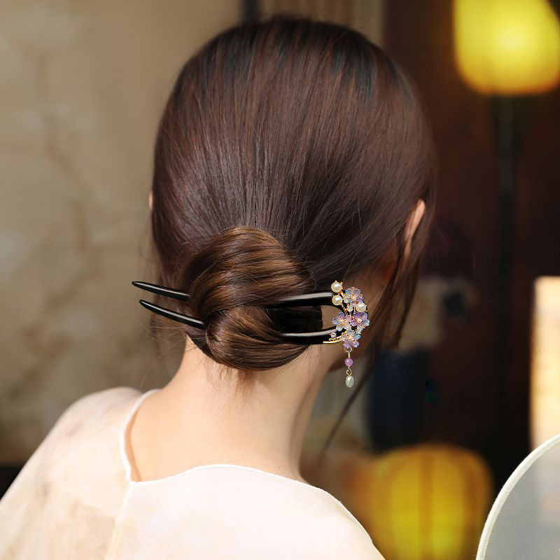 黒檀のu字型かんざし高級感のある古風で新和風の髪飾り 和服に合う木製簪