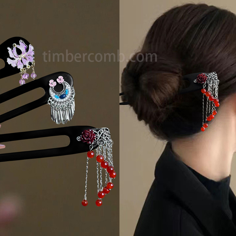 黒檀のu字型かんざし 普段使いのアップスタイルに ナチュラルな簪（かんざし） レディース 木製ヘアピン