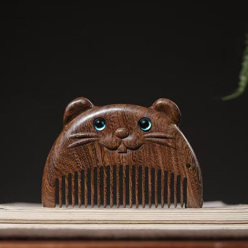 高級黒檀木 木製櫛 コンパクト ネズミ お守り 静電気防止 美髪 頭皮マッサージ 男女 プレゼント お祝い